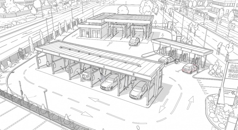 Progetto a matita di un impianto di autolavaggio self service nuovo